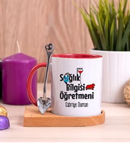 Sağlık Bilgisi Öğretmeni Ahşap Altlıklı Kırmızı Kupa Bardak