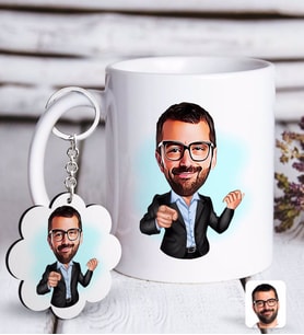 BK Gift Kişiye Özel Amca Karikatürlü Beyaz Kupa ve Anahtarlık Hediye Seti (Model 1)