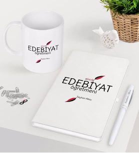 BK Gift Kişiye Özel Edebiyat Öğretmeni Beyaz Defter Kalem Kupa Seti-5 (Model 1)