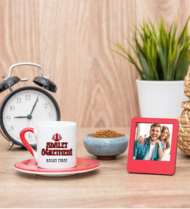 Adalet Öğretmeni Kırmızı Kahve Fincanı ve Kırmızı Mini Fotoğraf Çerçevesi
