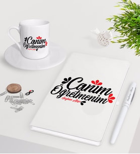 BK Gift Kişiye Özel Canım Öğretmenim Beyaz Defter Kalem Türk Kahvesi Fincanı Seti-11 (Model 1)
