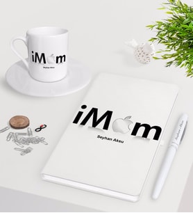 BK Gift Kişiye Özel iMom Beyaz Defter Kalem Türk Kahvesi Fincanı Seti-1 (Model 1)