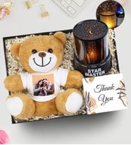 Kişiye Özel Fotoğraf Baskılı Peluş Ayıcık & Star Master Yıldız Yansımalı Gece Lambası Hediye Seti