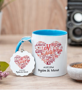 Love Tasarım Hediyelik Mavi Kupa Bardak Ve Anahtarlık Set