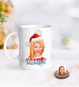 BK Gift Kişiye Özel Kadın Yeni Yıl Karikatürlü Kupa ve Kar Tanesi Kolye-3 (Model 1)