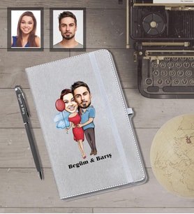 Kişiye Özel Sevgili Karikatürlü Gri Defter Kalem Hediye Seti  Model 9