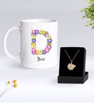 BK Gift Kişiye Özel Çiçek Temalı Harf Kupa ve Papatya Kolye Hediye Seti-5 (Model 1)