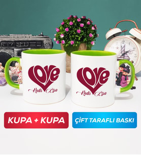 İkili Love Tasarımlı Sevgililer Günü Hediyesi Kupa Bardak Yeşil