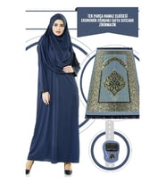Tek Parça Namaz Elbisesi - Lacivert - 5015  ve  Seccade  ve  Zikirmatik - Üçlü Takım