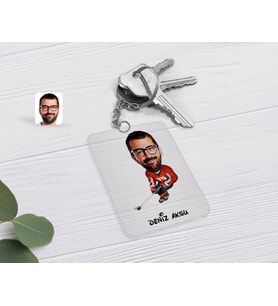 BK Gift Kişiye Özel Erkek Hokeyci Karikatürlü Şeffaf Pleksi Anahtarlık (Beyaz)