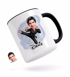 BK Gift Kişiye Özel Erkek Karateci Karikatürlü Siyah Kupa Bardak-1