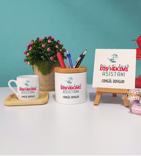Diş Hekimi Asistanı Hediye Ahşap Altlıklı Türk Kahvesi Fincanı Kalemlik Dekoratif Taş Baskı Hediye Seti