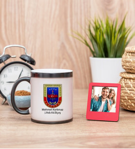 Jandarma Amblemli Sihirli  Kupa Bardak ve Kırmızı Mini Çerçeve