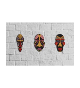 Dekoratif Üçlü Ahşap Tablo Otantik Maske Kabile Mask Süs (Çok Renkli)