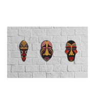 Dekoratif Üçlü Ahşap Tablo Otantik Maske Kabile Mask Süs (Çok Renkli)