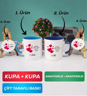 İkili Mavi Lacivert Sevgililer Günü Hediyesi Kupa Bardak Anahtarlık