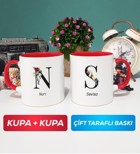 İkili Kişiye Özel Baş Harf ve İsim Yazılı Kupa Bardak Kırmızı