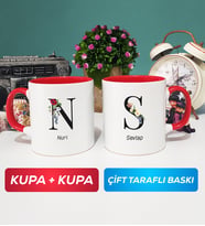İkili Kişiye Özel Baş Harf ve İsim Yazılı Kupa Bardak Kırmızı