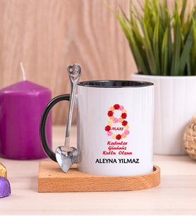 Kadınlar Günü Hediyesi  Ahşap Altlıklı Siyah Kupa Bardak