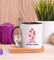 Kadınlar Günü Hediyesi  Ahşap Altlıklı Siyah Kupa Bardak