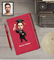 Kişiye Özel Mezuniyet Karikatürlü  Kırmızı Defter Kalem Hediye Seti Bay-3