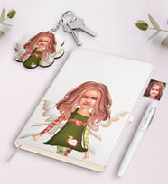 BK Gift Kişiye Özel Kız Çocuk Peri Karikatürlü Beyaz Defter Kalem Ve Anahtarlık Hediye Seti-1 (Model 1)