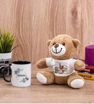 İsme Özel Çiçek Desenli Siyah Kupa Bardak ve Peluş Ayıcık