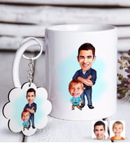 BK Gift Kişiye Özel Baba Oğul Karikatürlü Beyaz Kupa ve Anahtarlık Hediye Seti-2 (Model 1)