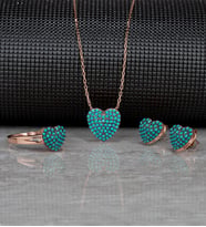 Gümüş Turkuaz Zirkon Taşlı " Kalp " Tasarım Kolye-Küpe-Yüzük Set (Rose)