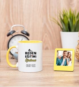 Beden Eğitimi Öğretmeni Sarı Kupa Bardak ve Sarı Mini Fotoğraf Çerçevesi