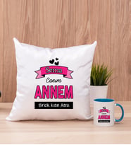Canım Annem Kare Yastık ve Mavi Kupa Bardak
