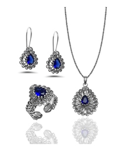 Safir Taşlı Damla Model Telkari Gümüş Üçlü Set