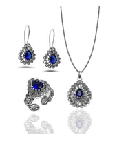Safir Taşlı Damla Model Telkari Gümüş Üçlü Set