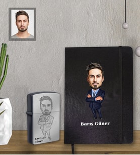 Kişiye Özel Öğretmen Karikatürlü Siyah Defter Çakmak Hediye Seti Bay-8 (Model 1)