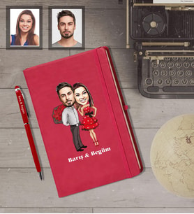Kişiye Özel Sevgili Karikatürlü  Kırmızı Defter Kalem Hediye Seti Model 10