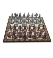 Büyük Boy Metal Osmanlı Bizans Satranç Takımı Antik ve Katlanır Sedef Desenli MDF Ahşap Satranç Tahtası (43x43 cm.)