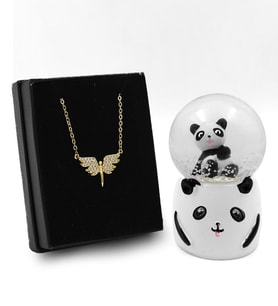 Sevimli Panda Kar Küresi & Gold Renk Melek Kolye Hediye Seti