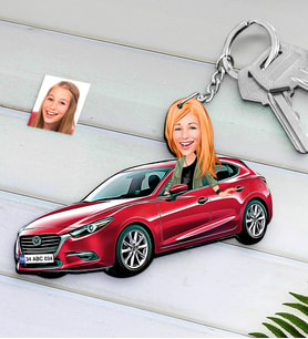 BK Gift Kişiye Özel Bayan Mazda 3 Figürlü Plakalı Ahşap Karikatür Anahtarlık-1 (Beyaz)