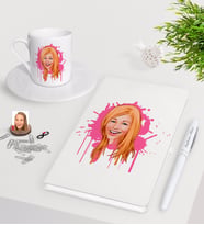 BK Gift Kişiye Özel Kadın Karikatürlü Beyaz Defter Kalem Türk Kahvesi Fincanı Seti-31 (Model 1)
