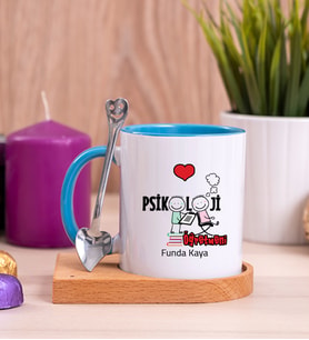 Psikoloji Öğretmeni Ahşap Altlıklı Mavi Kupa Bardak