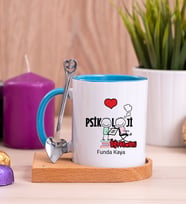 Psikoloji Öğretmeni Ahşap Altlıklı Mavi Kupa Bardak
