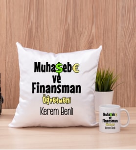 Muhasebe ve Finansman Öğretmeni Kare Yastık ve Beyaz Kupa Bardak