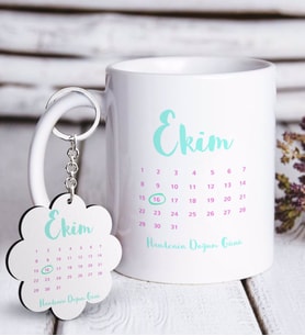 BK Gift Kişiye Özel Tarihli Doğum Günü Beyaz Kupa ve Anahtarlık Hediye Seti-1 (Model 1)