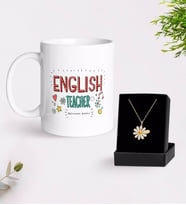 BK Gift Kişiye Özel İngilizce Öğretmeni Beyaz Kupa ve Papatya Kolye Hediye Seti-5 (Model 1)