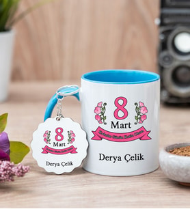 Kadınlar Günü Hediyesi Mavi Kupa Bardak Ve Anahtarlık Set