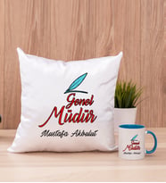Genel Müdür Kare Yastık ve Mavi Kupa Bardak