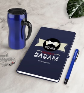 BK Gift Kişiye Özel Benim Yakışıklı Babam Lacivert Defter Kalem Termos Mug Seti-1 (Model 1)