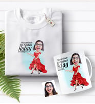 BK Gift Kişiye Özel Bayan Kolay Yetişmiyor Karikatürlü Beyaz Tişört ve Kupa Seti-1 (Model 1)