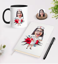 BK Gift Kişiye Özel Hemşire Karikatürlü Beyaz Defter Kalem Siyah Kupa Seti - 1 (Model 1)