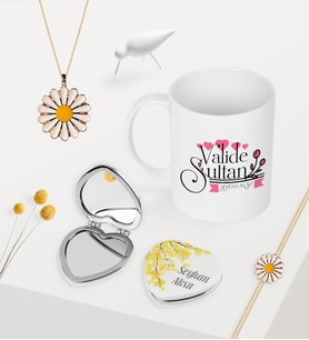 BK Gift Kişiye Özel Valide Sultan Kupa Kalp Ayna Papatya Kolye Bileklik Seti - 2 (Model 1)